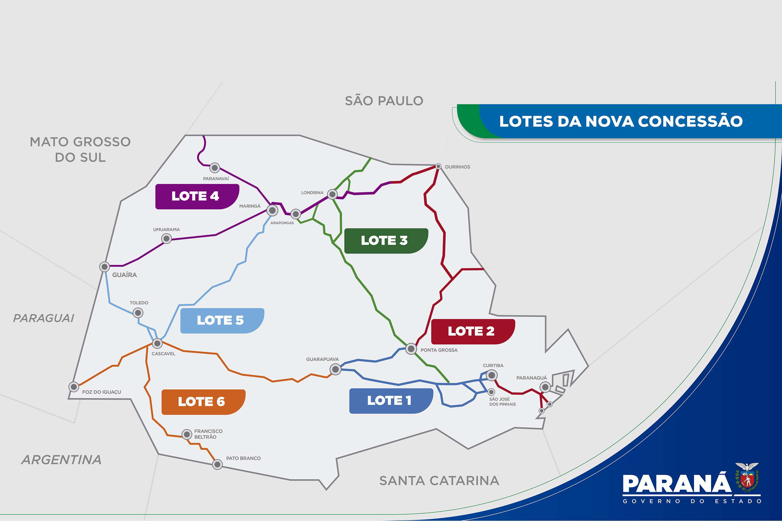 Mapa do estado do Paraná divide em lotes da nova concessão