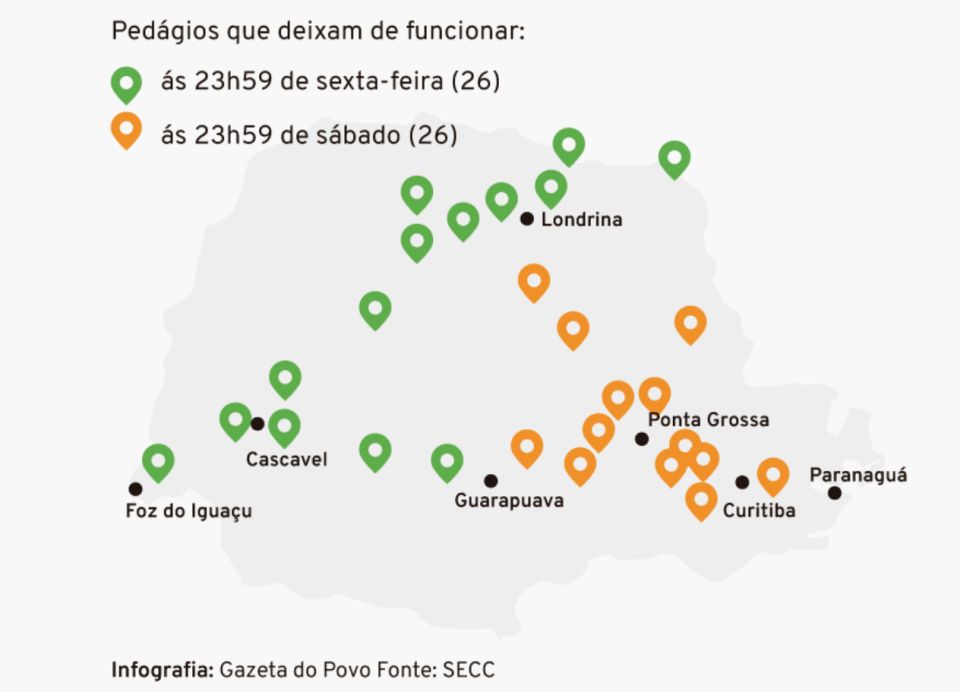 Mapa de todas as praças de pedágio que deixam de operar nas estradas do Paraná