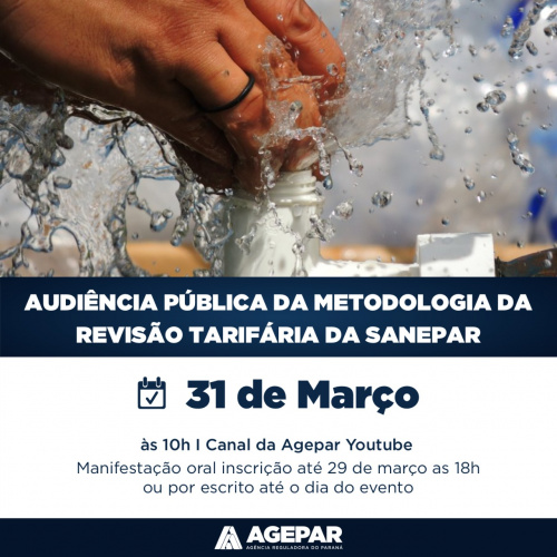 Banner com mãos na água e dados do texto sobre a audiência pública