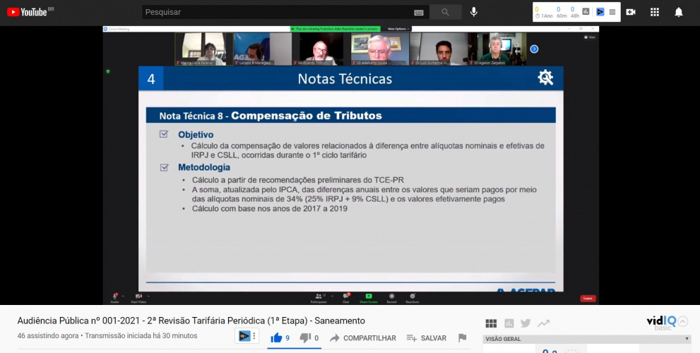 Página do You Tube espelhando o aplicativo Zoom, com pessoas participando da audiência pública acima e um slide sobre Nota Técnica.