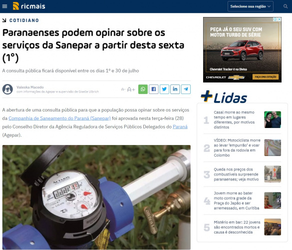 Paranaenses podem opinar sobre os serviços da Sanepar a partir desta sexta (1°)
