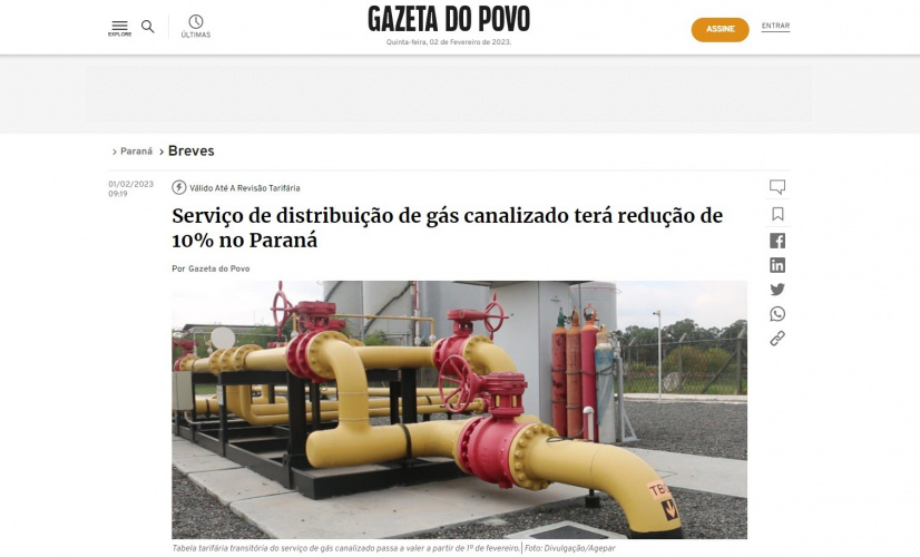 Serviço de distribuição de gás canalizado terá redução de 10% no Paraná
