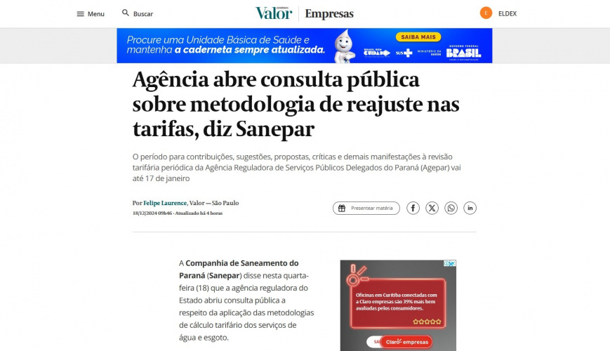 Agência abre consulta pública sobre metodologia de reajuste nas tarifas  Este trecho é parte de conteúdo que pode ser compartilhado utilizando o link https://valor.globo.com/empresas/noticia/2024/12/18/agencia-abre-consulta-publica-sobre-metodologia-de-reajuste-nas-tarifas-diz-sanepar.ghtml ou as ferramentas oferecidas na página. Textos, fotos, artes e vídeos do Valor estão protegidos pela legislação brasileira sobre direito autoral. Não reproduza o conteúdo do jornal em qualquer meio de comunicação, eletrô