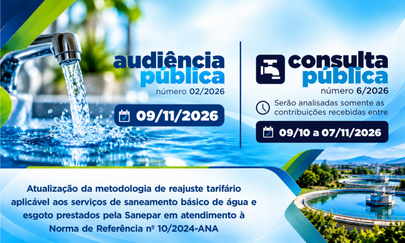 Metodologia de reajuste anual das tarifas de água e esgoto da Sanepar serão temas de Consulta e Audiência Pública