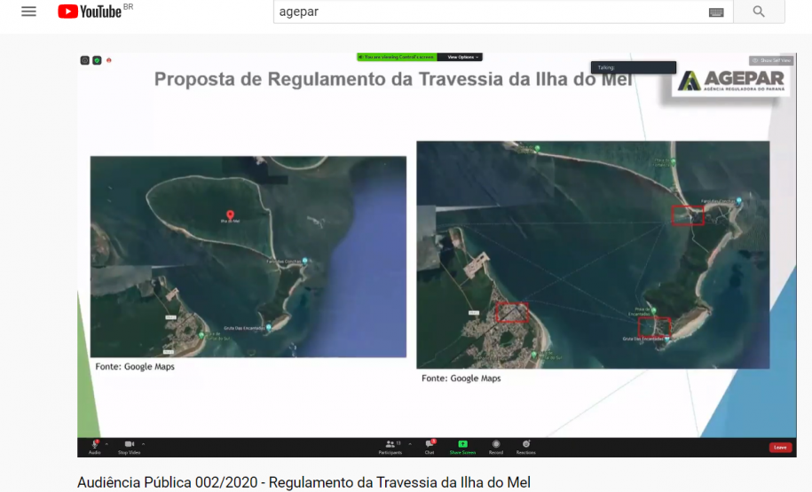 Print Screen da transmissão da audiência pública mostrando mapa da Ilha do Mel