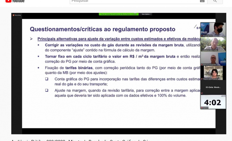 Participante de audiência pública virtual envia sugestões. Texto com fotos dos participantes da webconferencia.